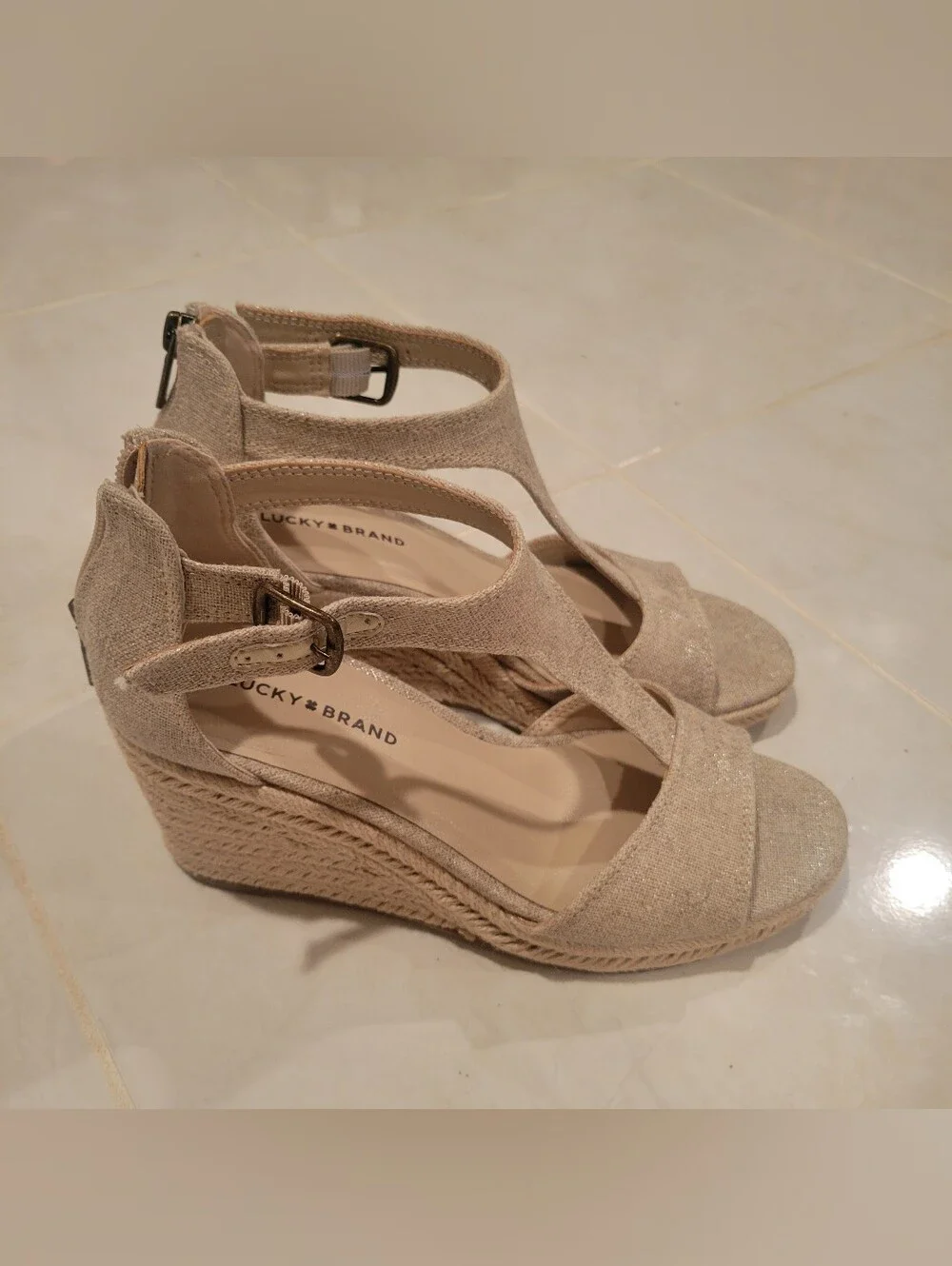 New Lucky Brand Size 8 Wedge Sandals Metallic Linen Womens Ladies Espadrille